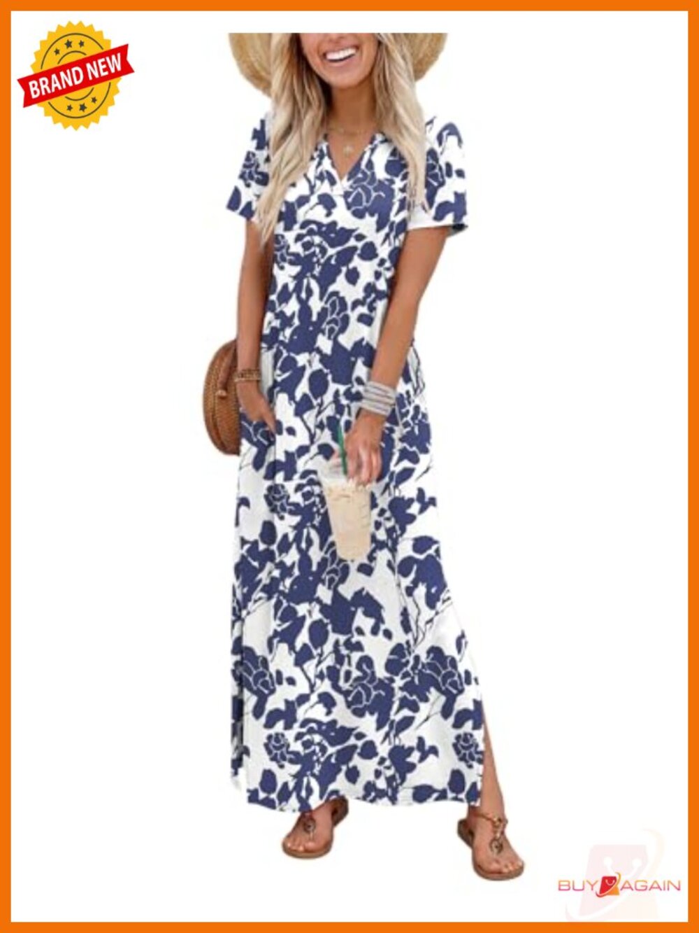 Women's Summer Maxi Dress Short Sleeve Sundress with Pockets Beach Vacation